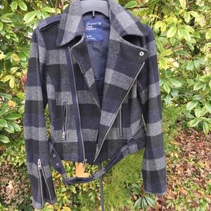 AE Grey & Blue Wool Plaid Moto Jacket M
